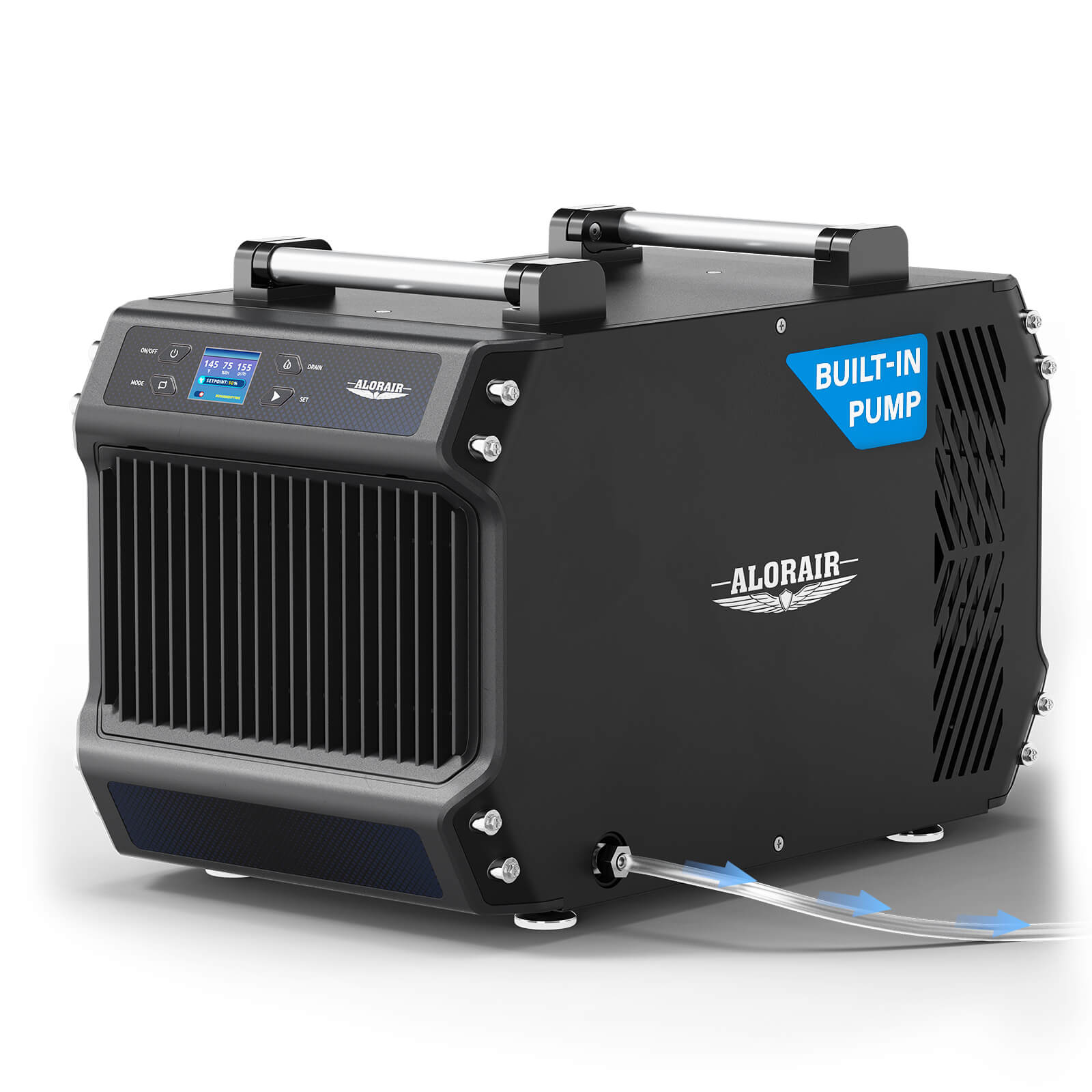AlorAir Galaxy 60P cabinet with a visible BUILT-IN PUMP label and a clear discharge line at the outlet.