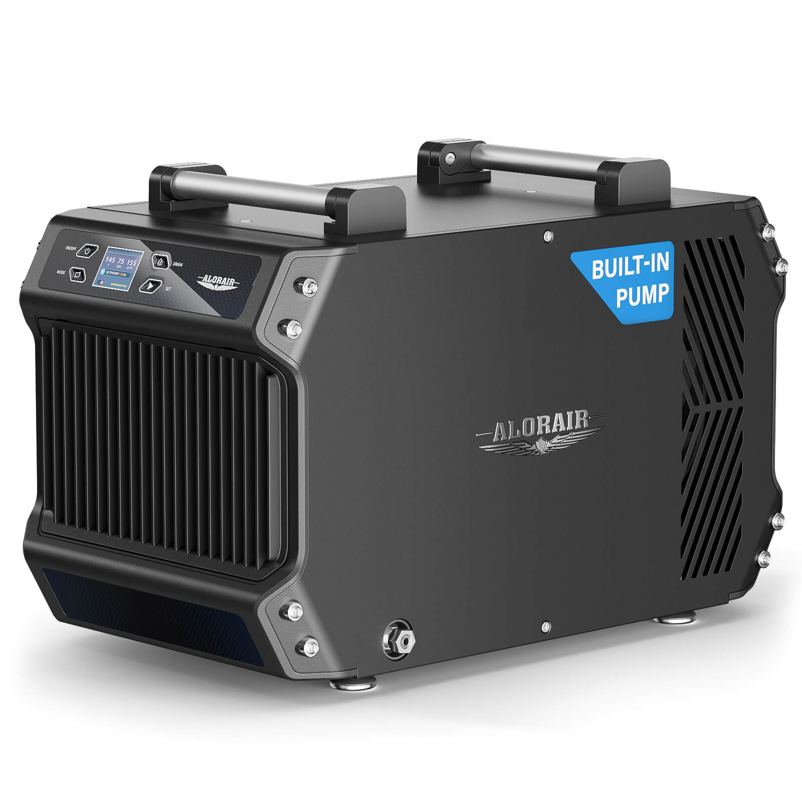 AlorAir Galaxy 85P cabinet with a visible BUILT-IN PUMP label and a separate drain fitting.