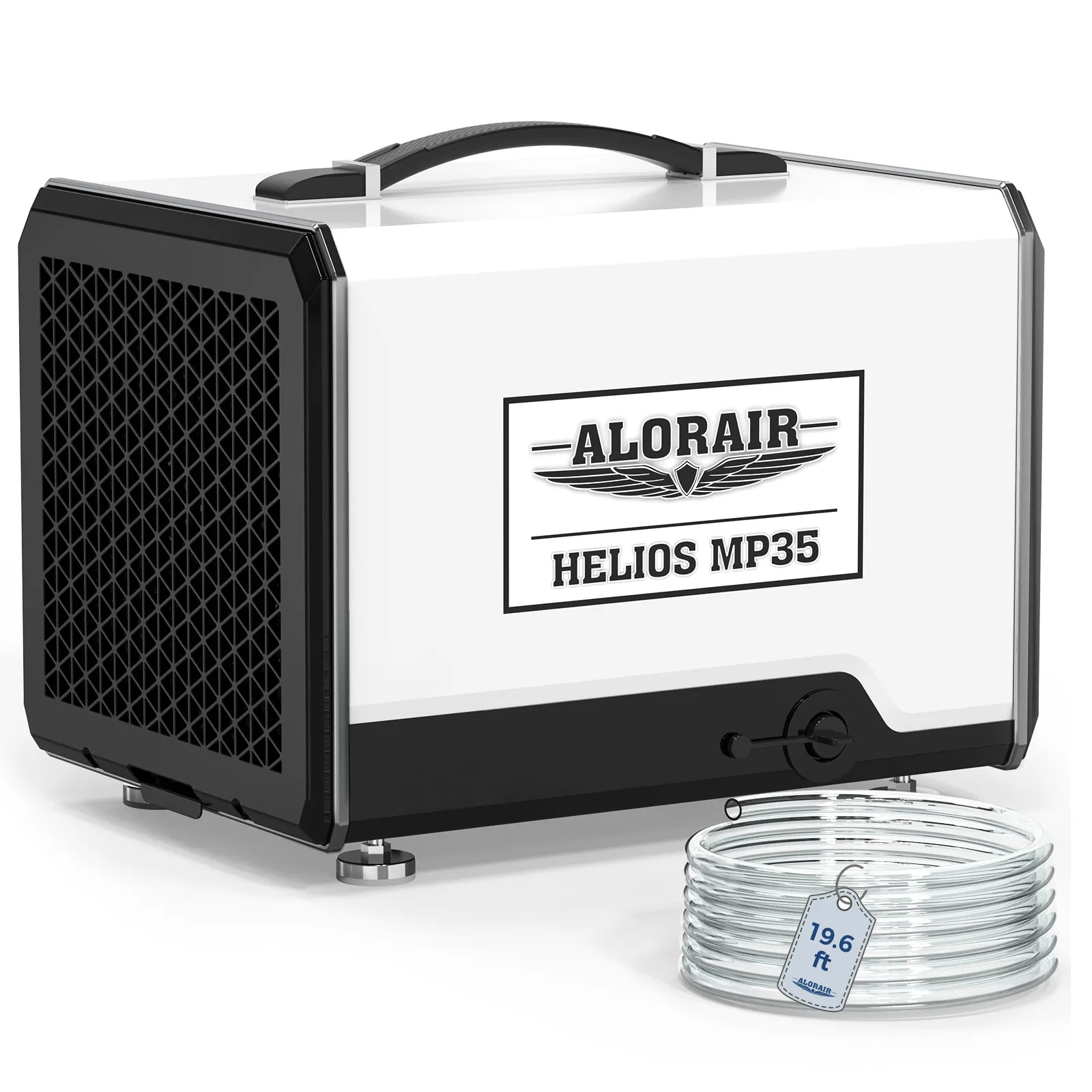 White AlorAir Helios MP35 cabinet with a coiled transparent pump hose and a visible 19.6-foot tag.
