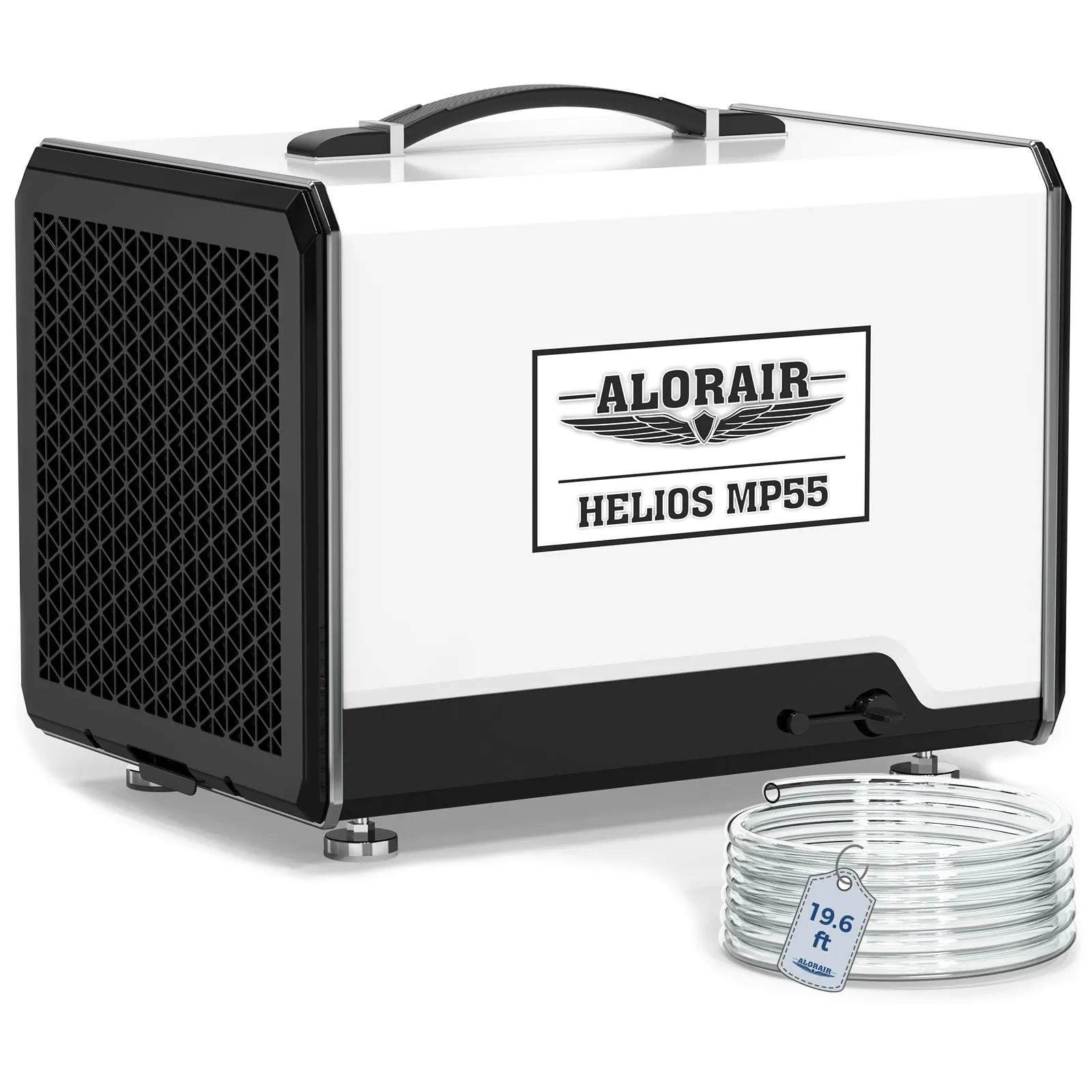 White AlorAir Helios MP55 cabinet with a coiled transparent pump hose and a visible 19.6-foot tag.