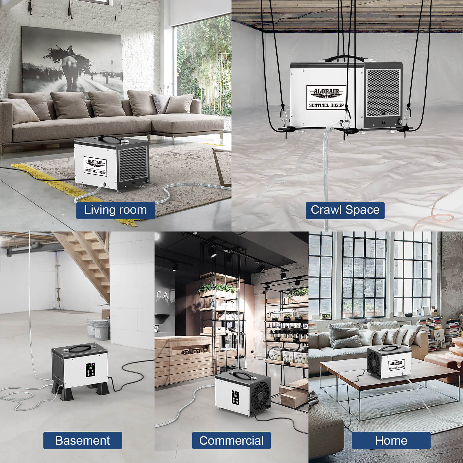AlorAir Sentinel HD35P shown in a five-panel promotional montage with distinct home, basement, crawl-space and commercial settings.