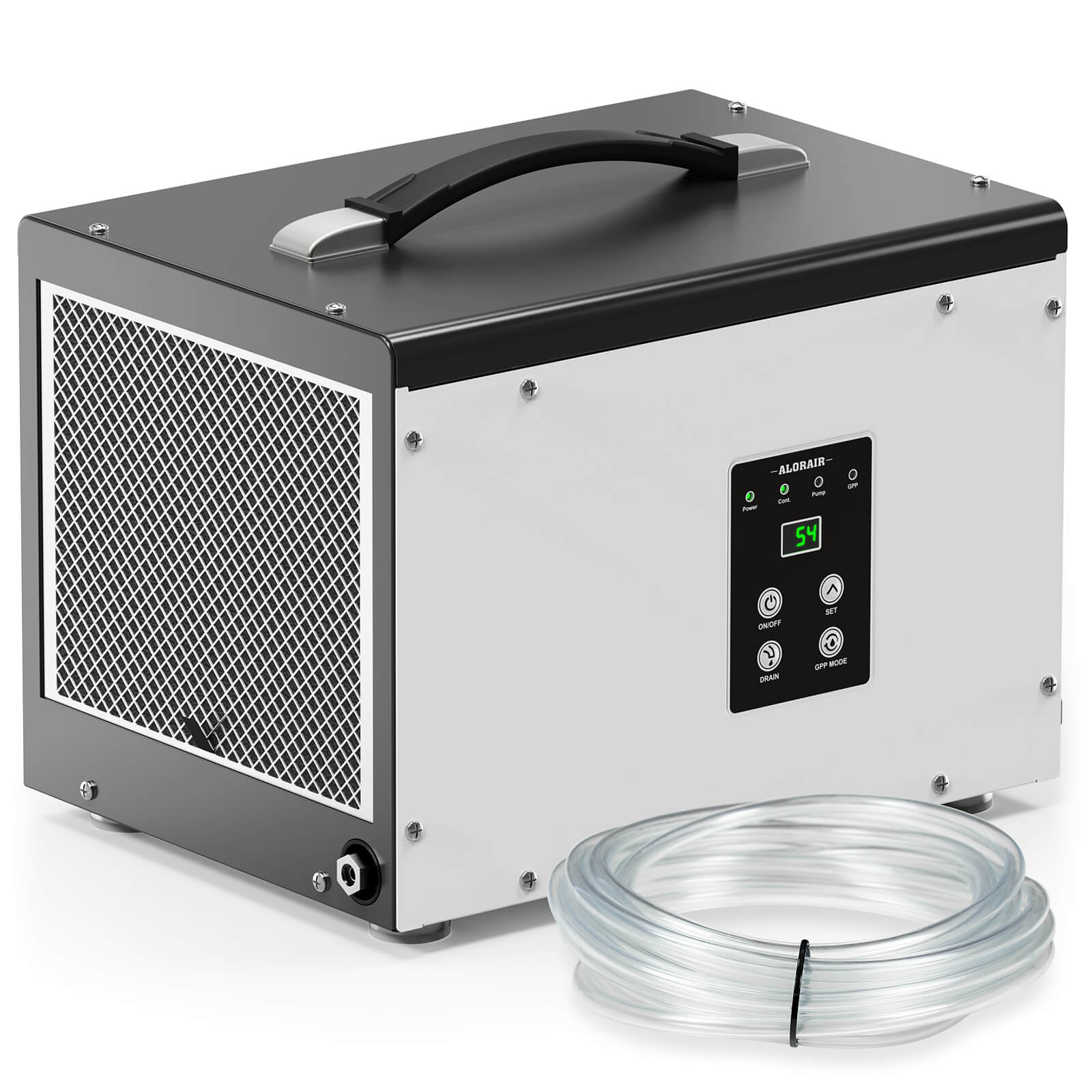 AlorAir Sentinel HD35P crawl-space dehumidifier cabinet with front control panel and coiled clear drain hose.