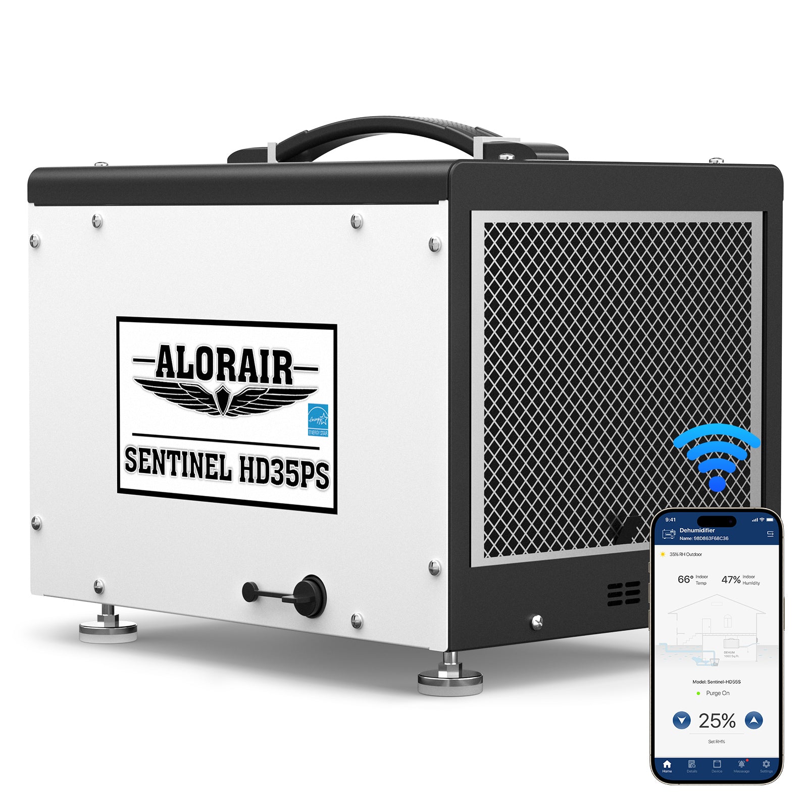 White AlorAir Sentinel HD35PS WiFi cabinet shown with a smartphone-app promotional screen.