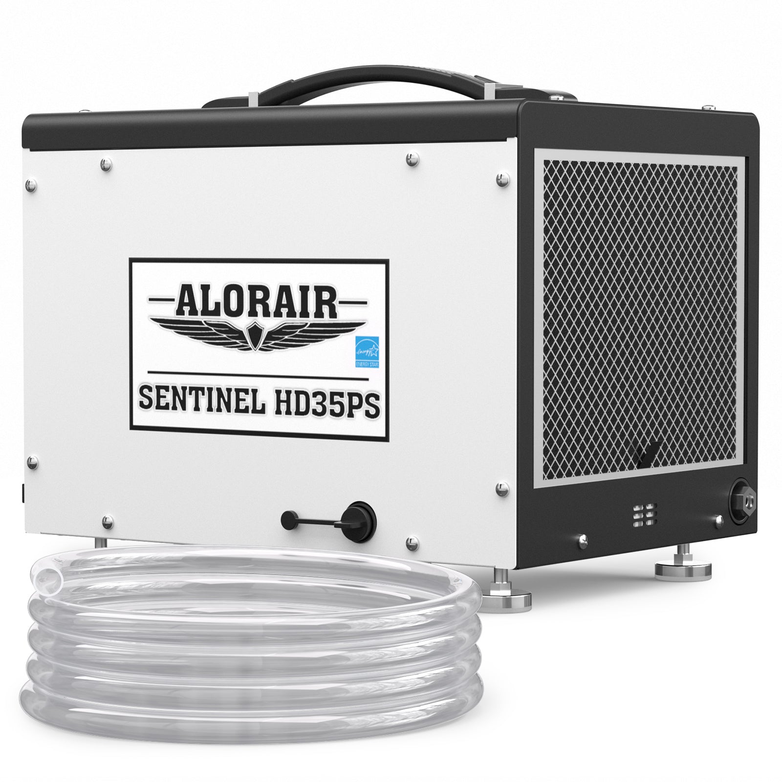 White AlorAir Sentinel HD35PS cabinet with its exact model label and pump hose visible.