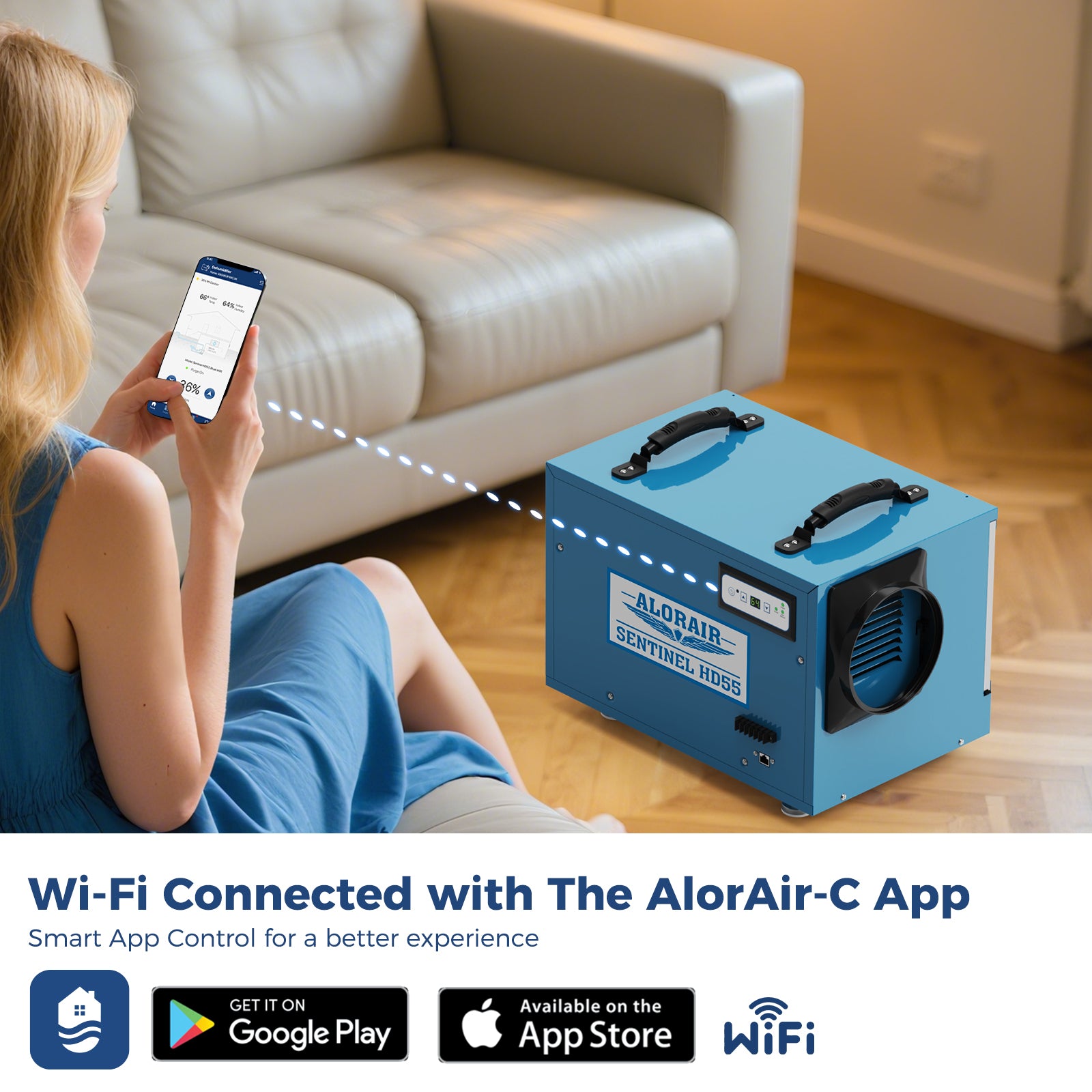 Blue AlorAir Sentinel HD55 cabinet with a smartphone displaying the maker's WiFi control app.