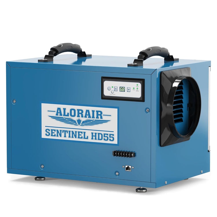 Blue AlorAir Sentinel HD55 crawl-space dehumidifier with the Sentinel HD55 cabinet label visible.