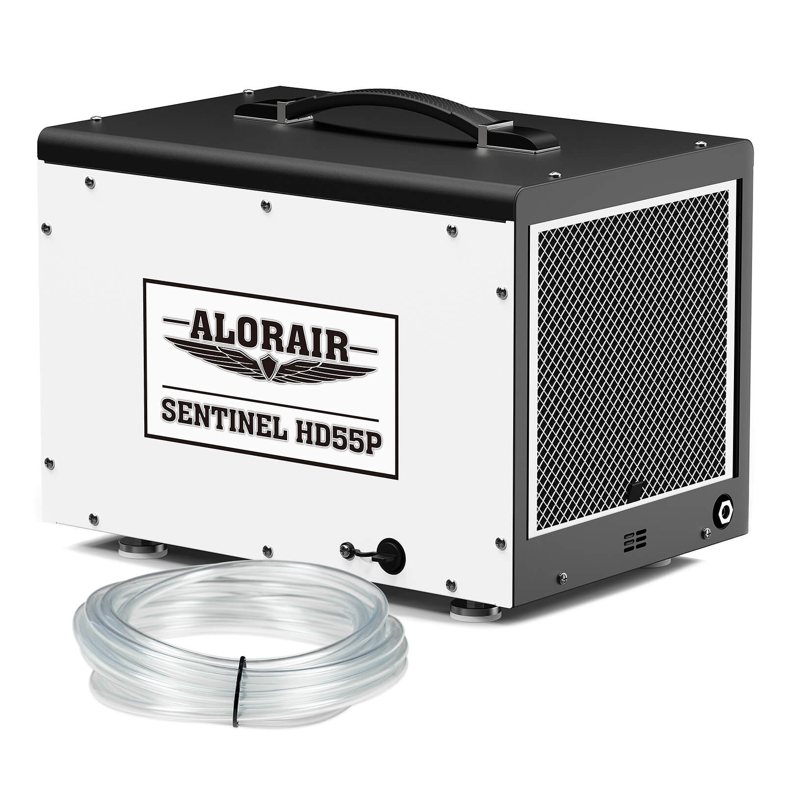 AlorAir Sentinel HD55P crawl-space dehumidifier with model badge and coiled clear drain hose.