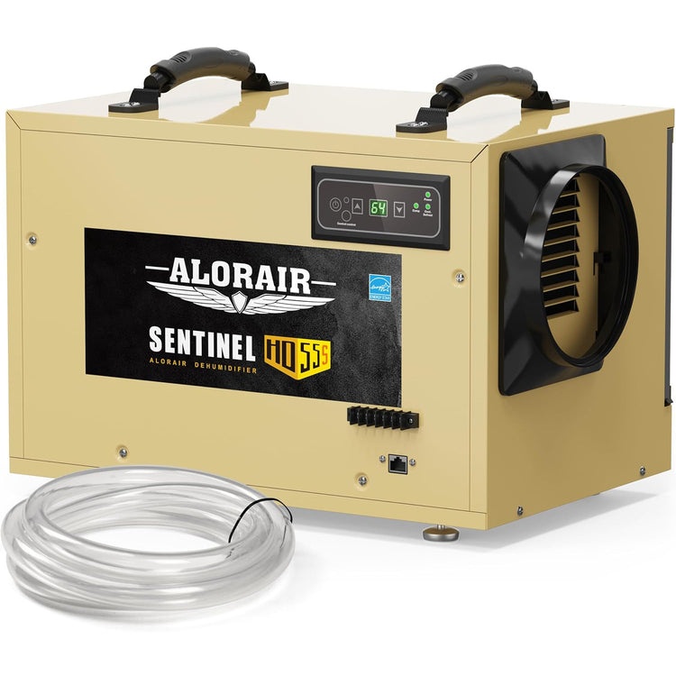 Gold AlorAir Sentinel HD55S crawl-space dehumidifier with exact model badge and coiled drain hose visible.