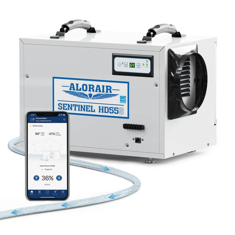 AlorAir Sentinel HD55S crawl-space dehumidifier cabinet with visible model badge, drain hose and Wi-Fi app display.