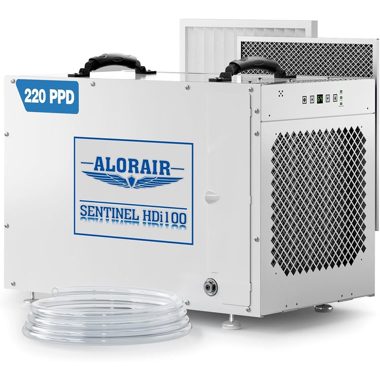 AlorAir Sentinel HDi100 crawl-space dehumidifier cabinet; the maker image visibly identifies the exact model and its 220-PPD saturation label.