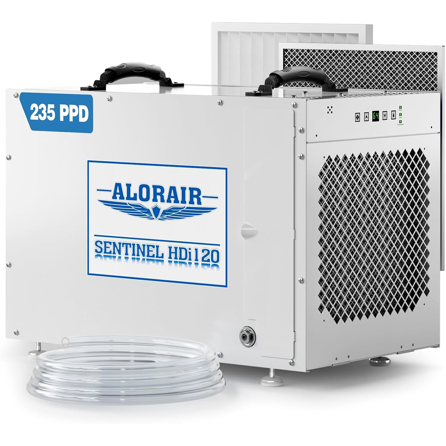 AlorAir Sentinel HDi120 crawl-space dehumidifier cabinet; the maker image visibly identifies the exact model and its 235-PPD saturation label.