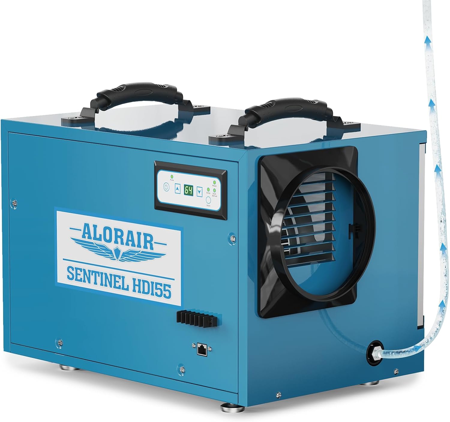Blue AlorAir Sentinel HDi55 crawl-space dehumidifier cabinet with its exact model label visible.