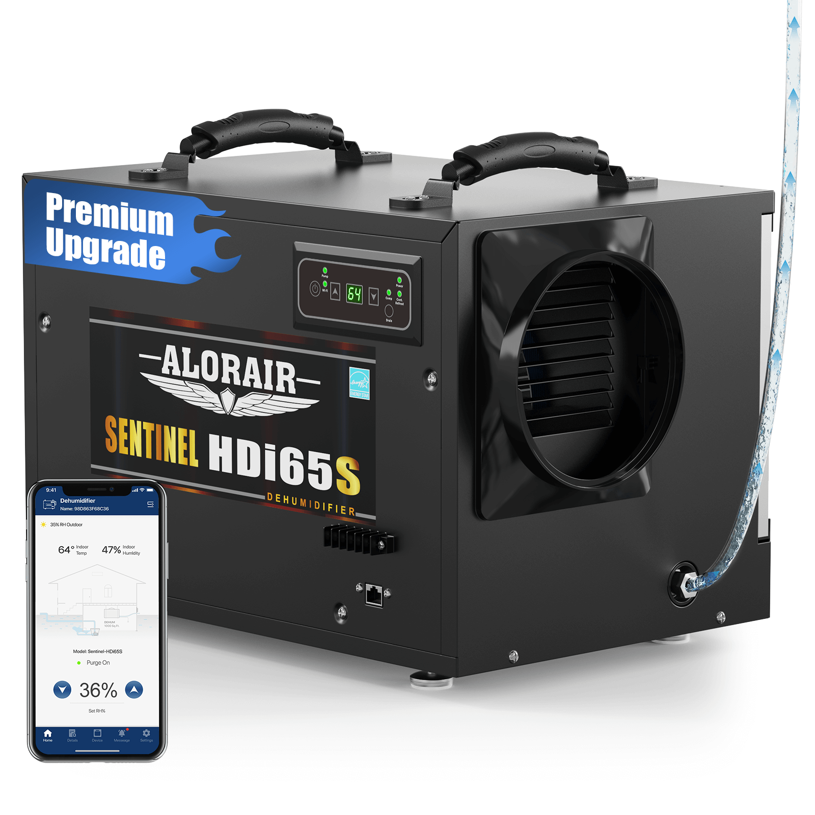 Black AlorAir Sentinel HDi65S dehumidifier with visible model badge and Wi-Fi app display.