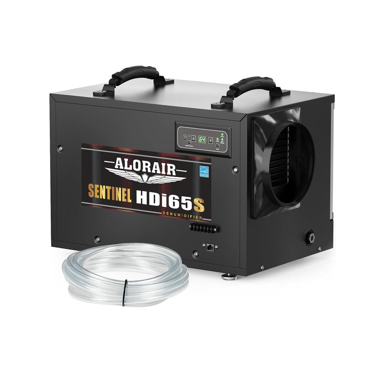 AlorAir Sentinel HDi65S crawl-space cabinet with model badge and coiled drain hose.