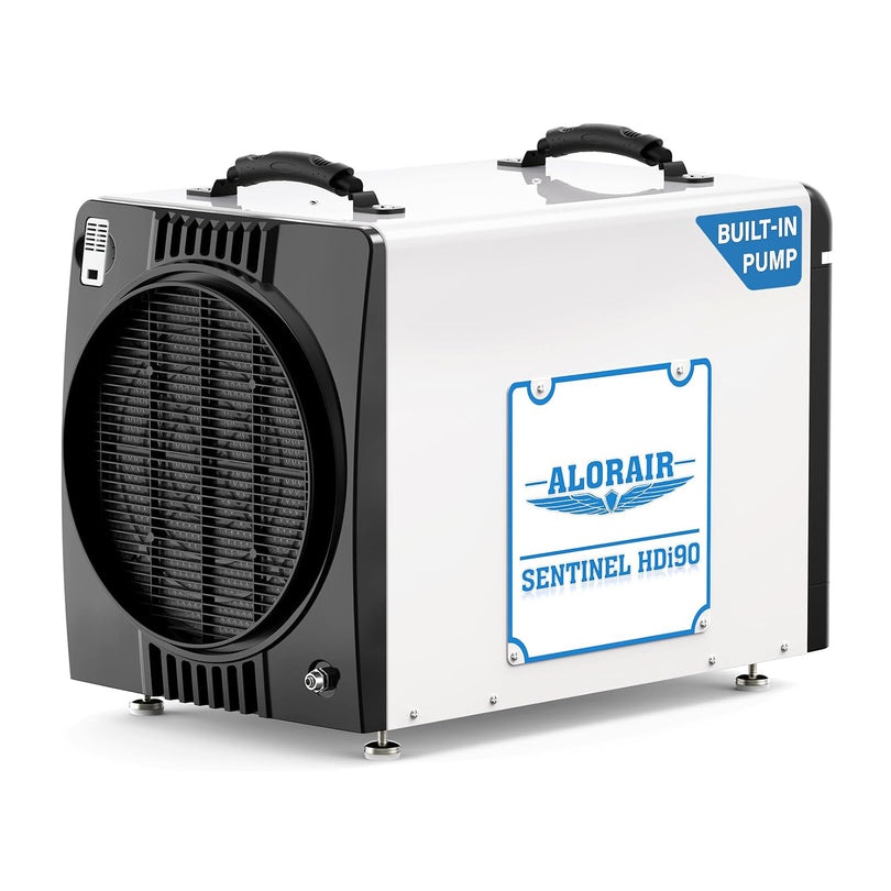 White AlorAir Sentinel HDi90 Duct-able crawl-space dehumidifier showing its large circular duct outlet, Built-in Pump badge and HDi90 label.