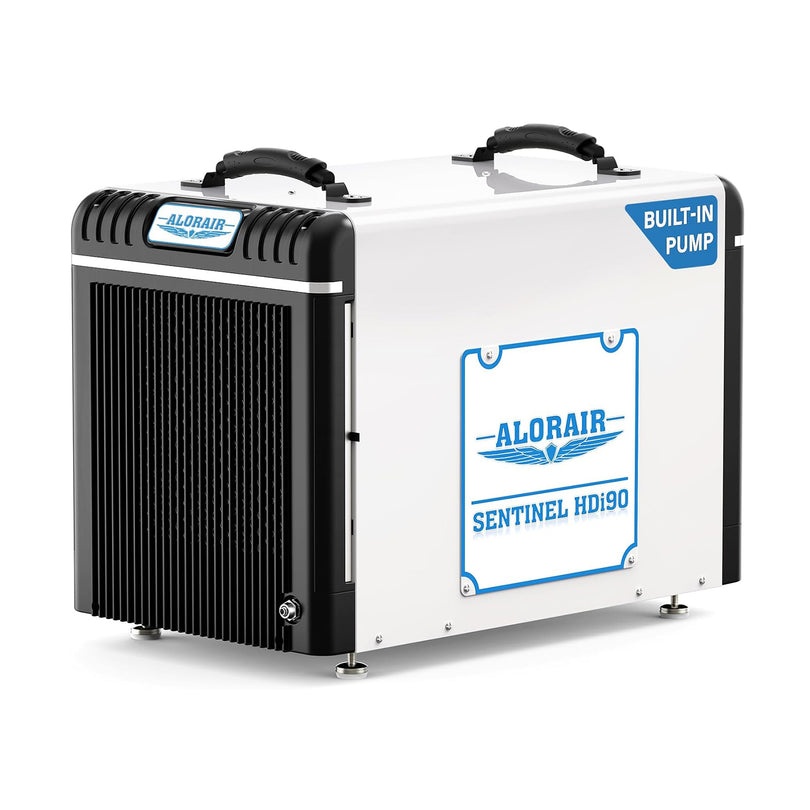 White AlorAir Sentinel HDi90 crawl-space dehumidifier with a Built-in Pump badge and exact HDi90 cabinet label.