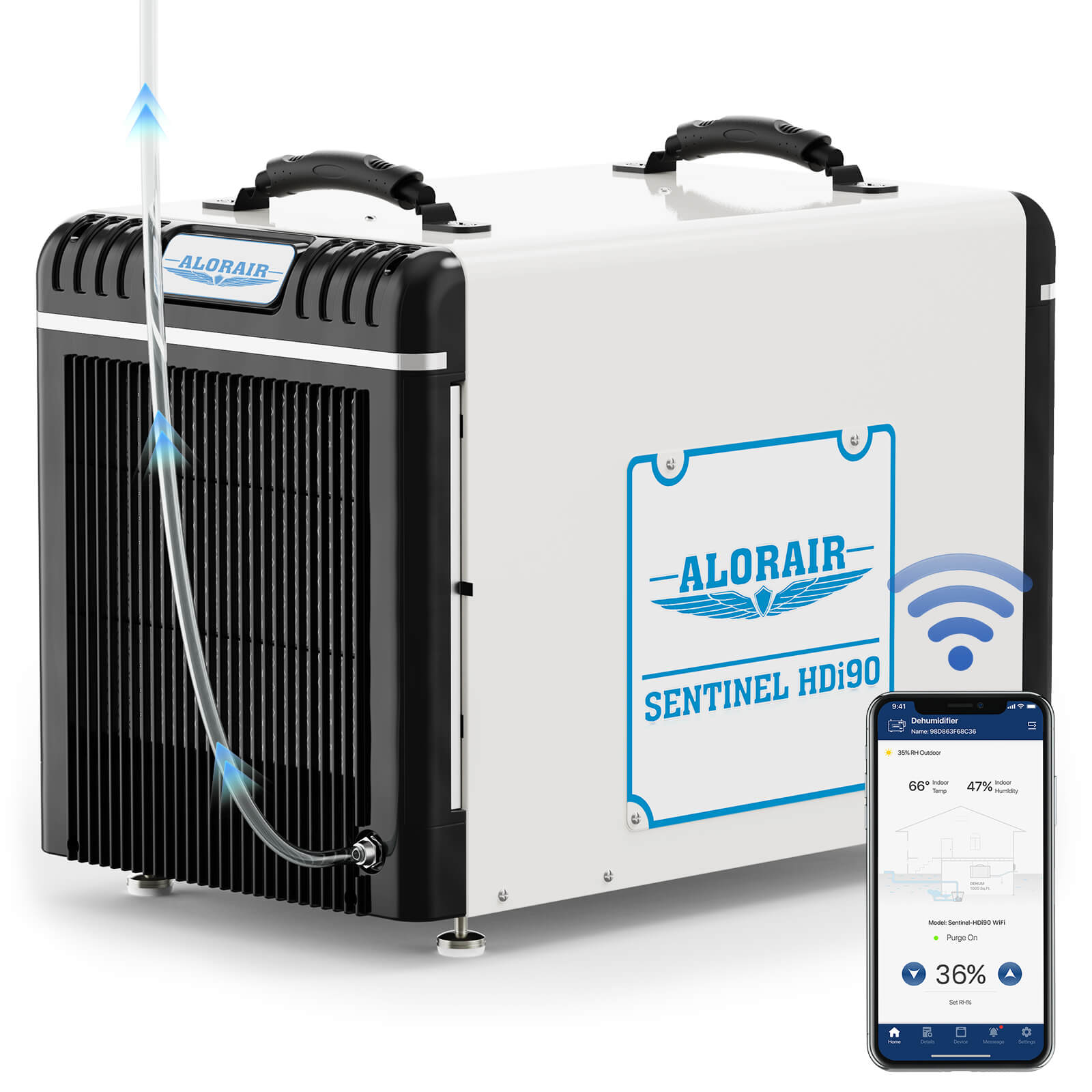 White AlorAir Sentinel HDi90 WiFi with Wi-Fi symbol and phone-control illustration beside the unit; model label is visible.