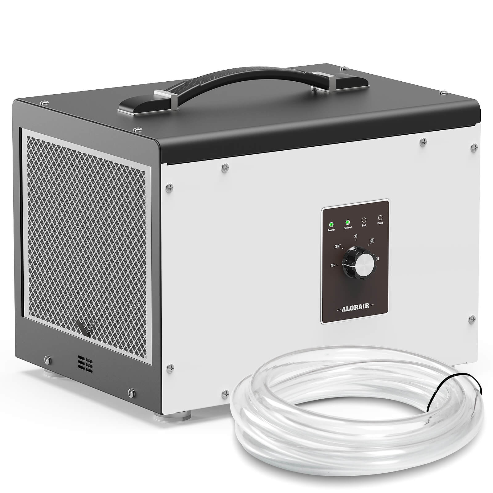 AlorAir Sentinel HS35 compact dehumidifier with rotary control panel, side grille and coiled drain hose.