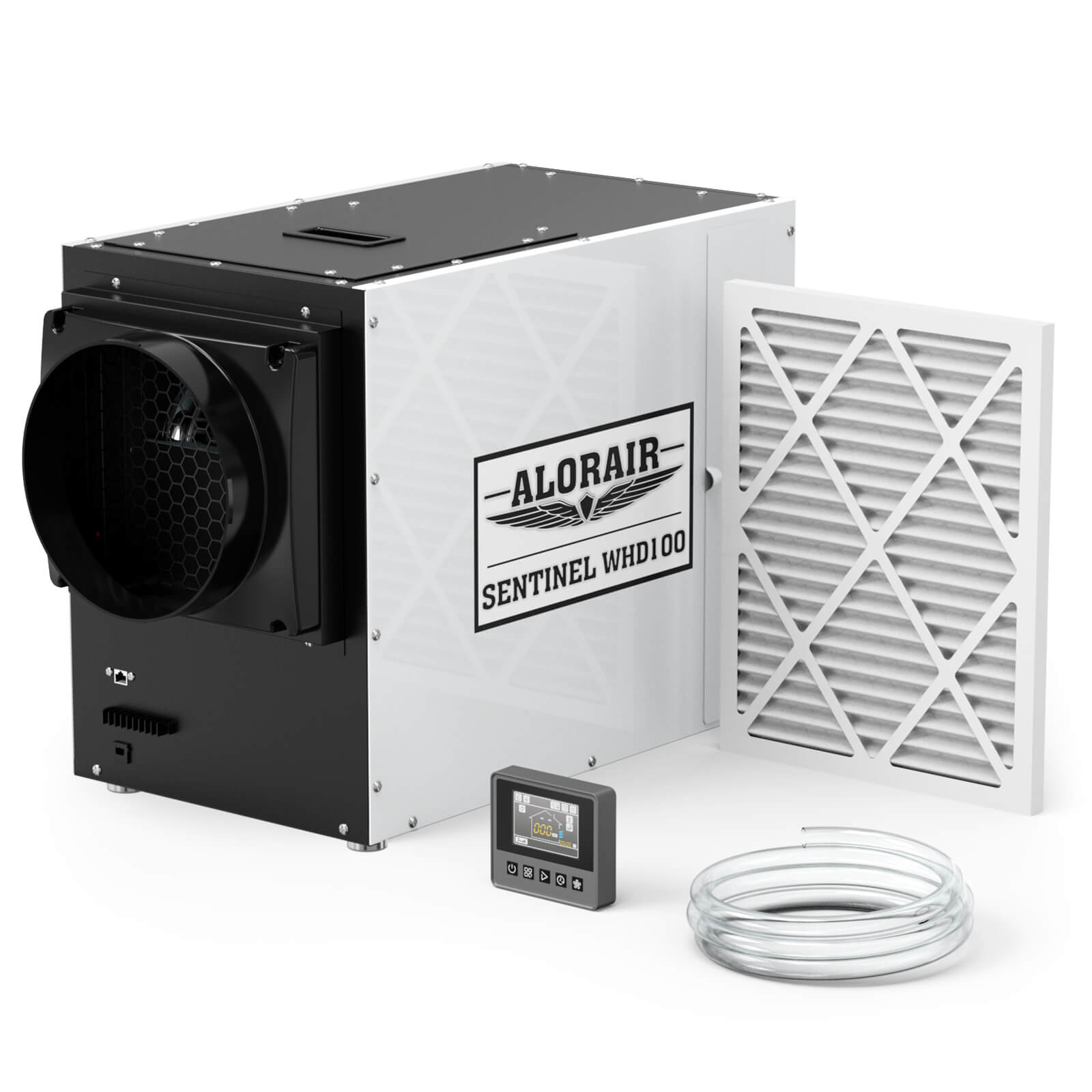 AlorAir Sentinel WHD 100 whole-house dehumidifier cabinet with exact model badge; the manufacturer image also depicts filter components, wired controller and drain tubing.