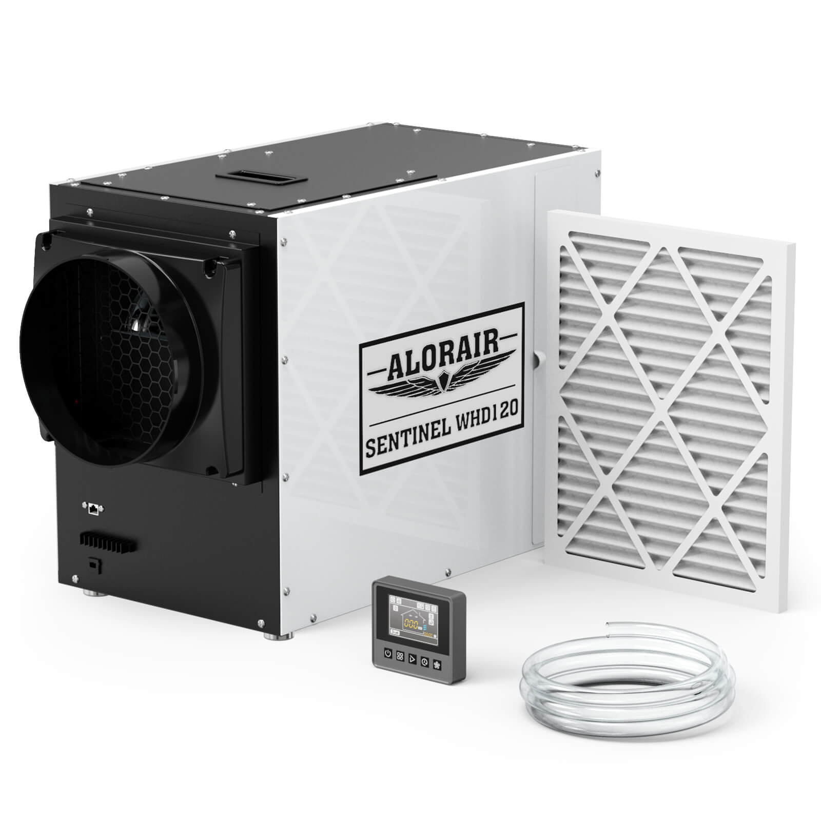 AlorAir Sentinel WHD 120 whole-house dehumidifier cabinet with exact model badge; the manufacturer image also depicts filter components, wired controller and drain tubing.