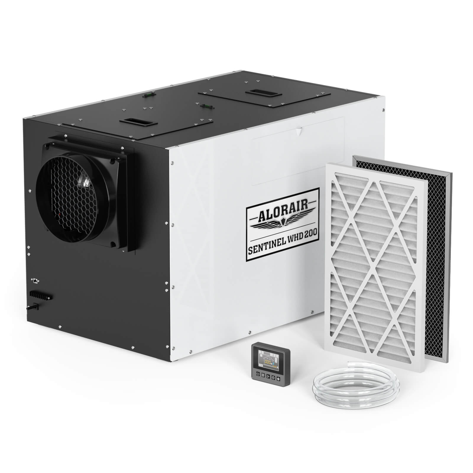 AlorAir Sentinel WHD 200 whole-house dehumidifier cabinet with exact model badge; the manufacturer image also depicts filter components, wired controller and drain tubing.