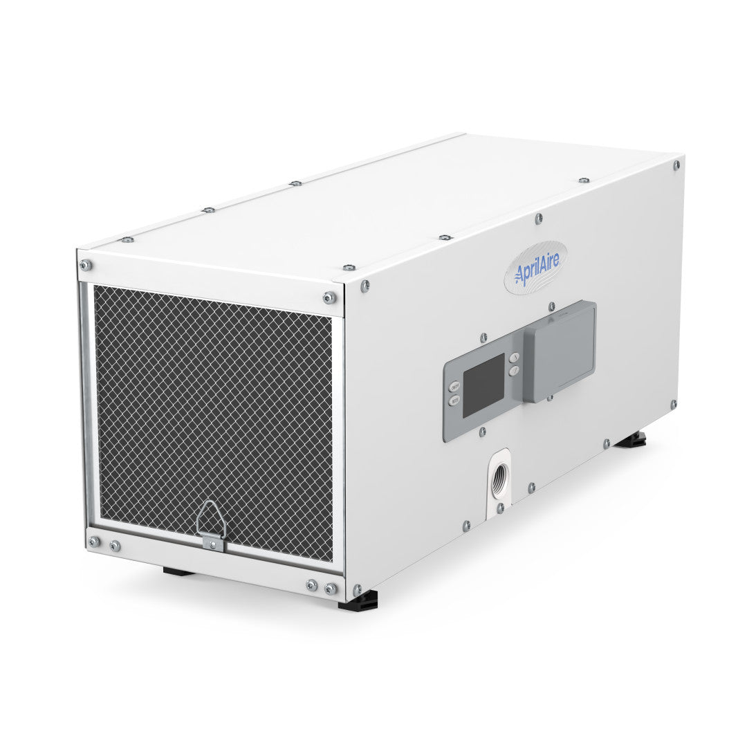 AprilAire E050 low-profile dehumidifier, white cabinet with side digital controls and end filter grille.