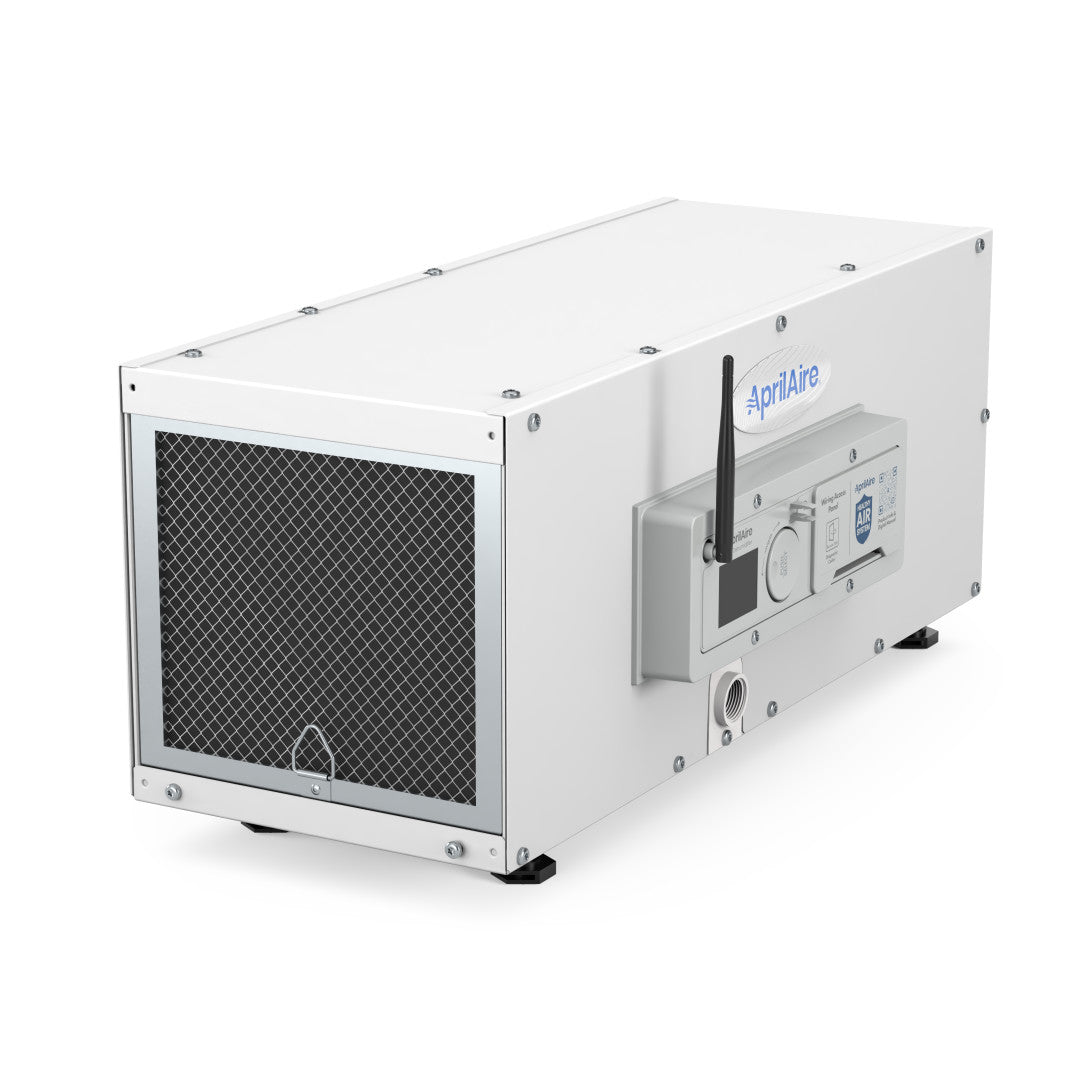 AprilAire E050W Wi-Fi dehumidifier, white cabinet with side digital controls, antenna and end filter grille.