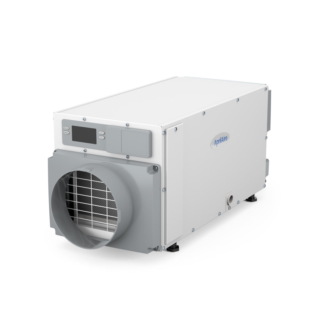 AprilAire E070 fixed white dehumidifier cabinet with front digital controls, large circular air opening, side service panels and lower drain connection.