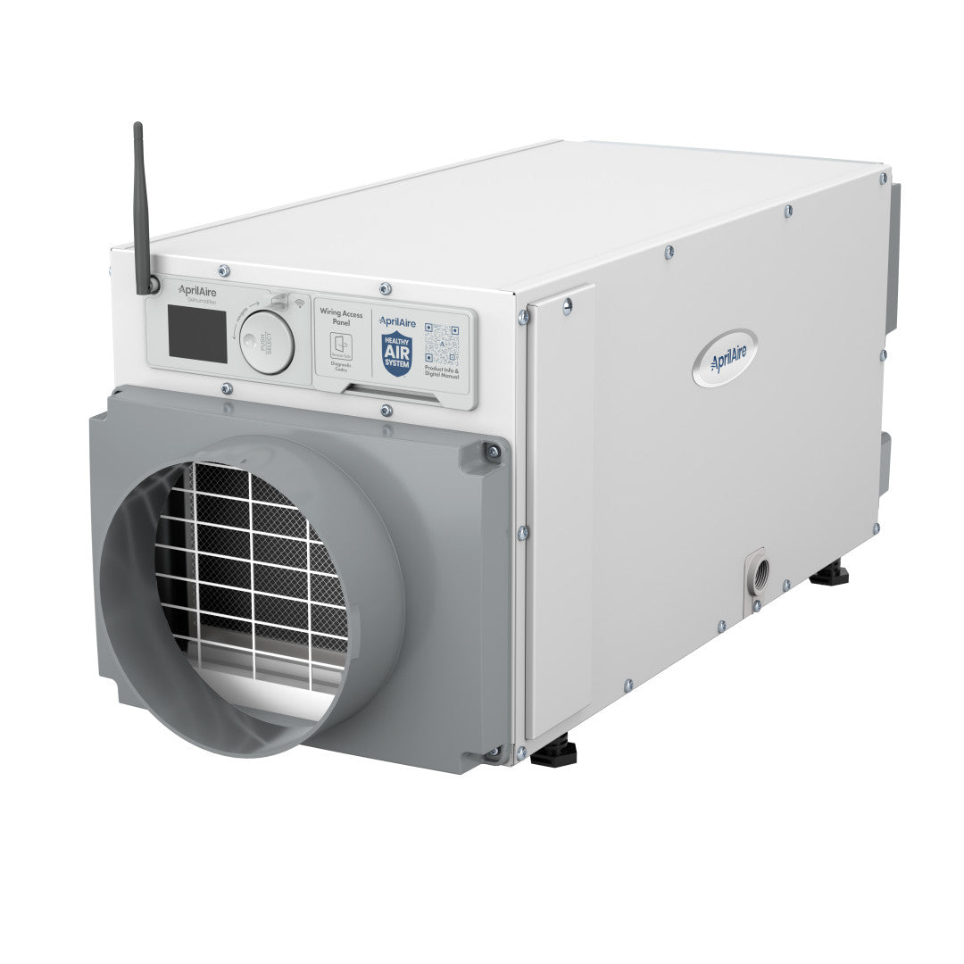 AprilAire E070W fixed white dehumidifier cabinet with external antenna, round local control, large circular air opening and lower drain connection.