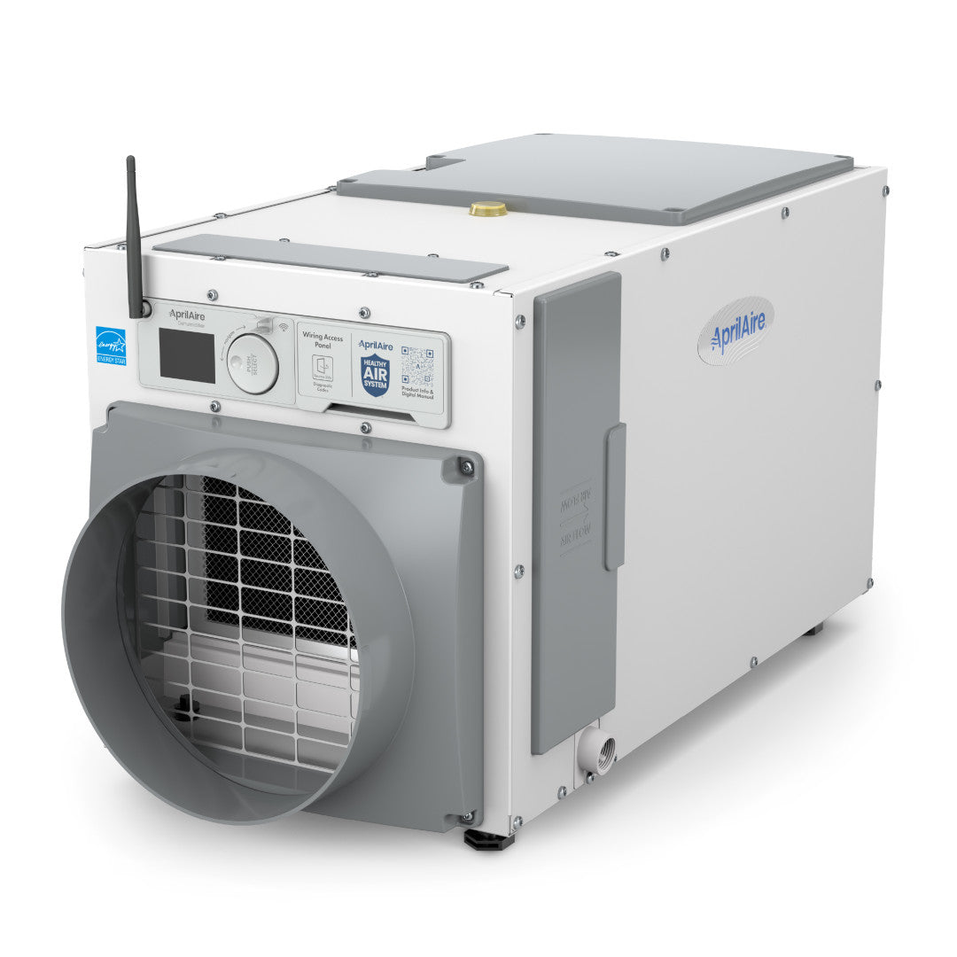 White AprilAire E080W fixed whole-home dehumidifier cabinet with a large inlet collar, front controls and an antenna.