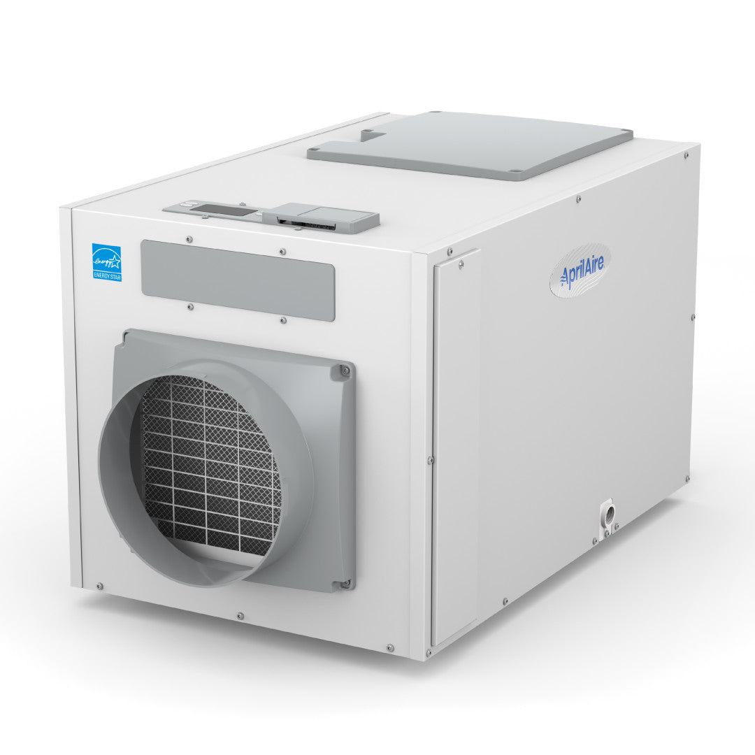 White AprilAire E130 fixed cabinet in three-quarter view with a large front circular duct opening, control panel, side access panel and a visible lower drain fitting.