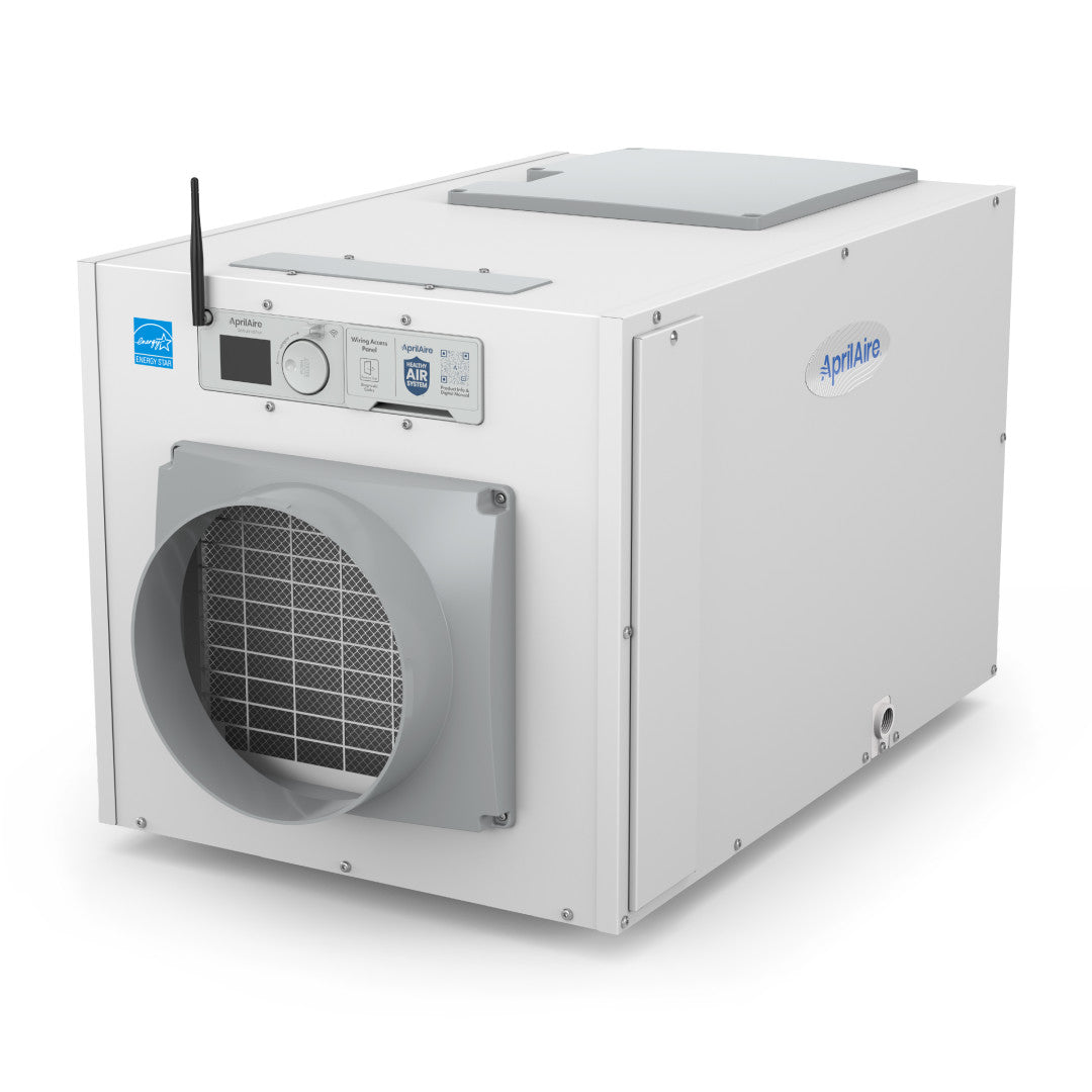 White AprilAire E130W fixed cabinet with external antenna, color front control, circular duct opening, side access panel and lower drain fitting.