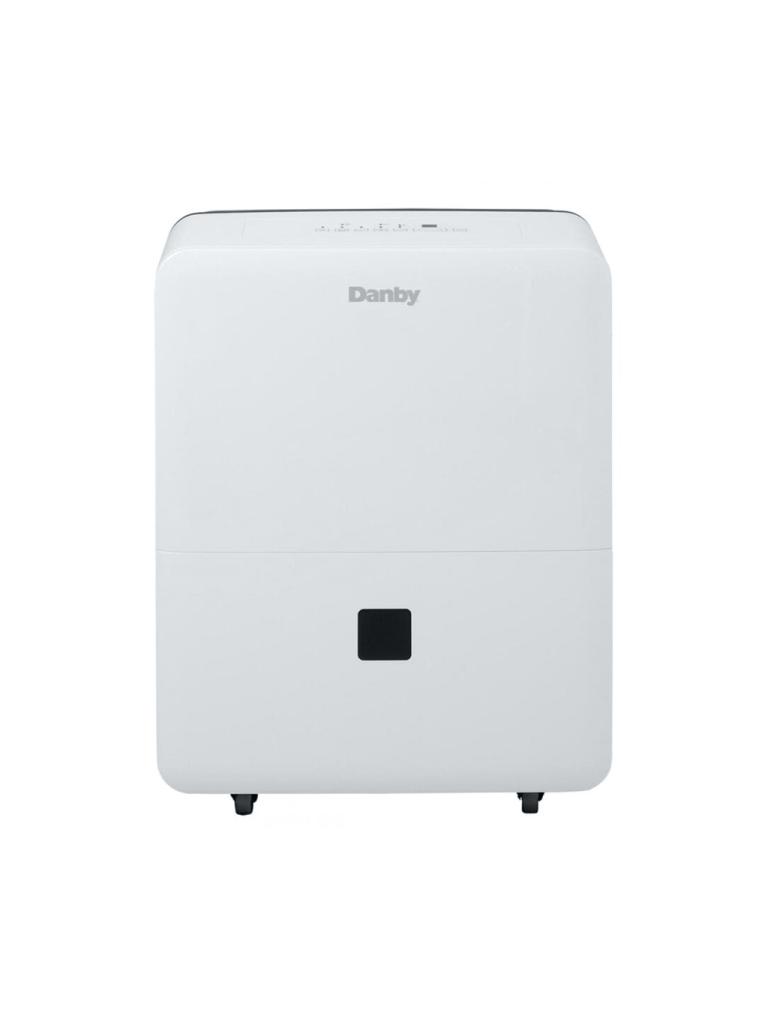 Front view of the white Danby DDR020BJ2WDB dehumidifier, with a broad smooth front cabinet, top controls, dark water-level window and casters.