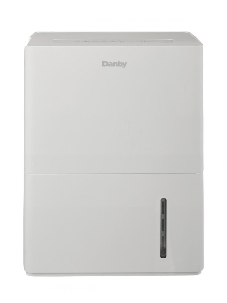 Front view of the white Danby DDR030BLWDB-ME cabinet with an upper outlet, narrow front water-level window and casters.