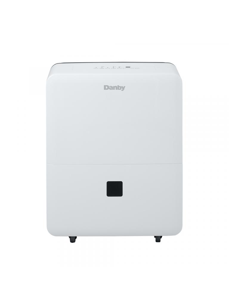 Front view of the white Danby DDR040BJ2WDB cabinet with top controls, a dark water-level window and casters.