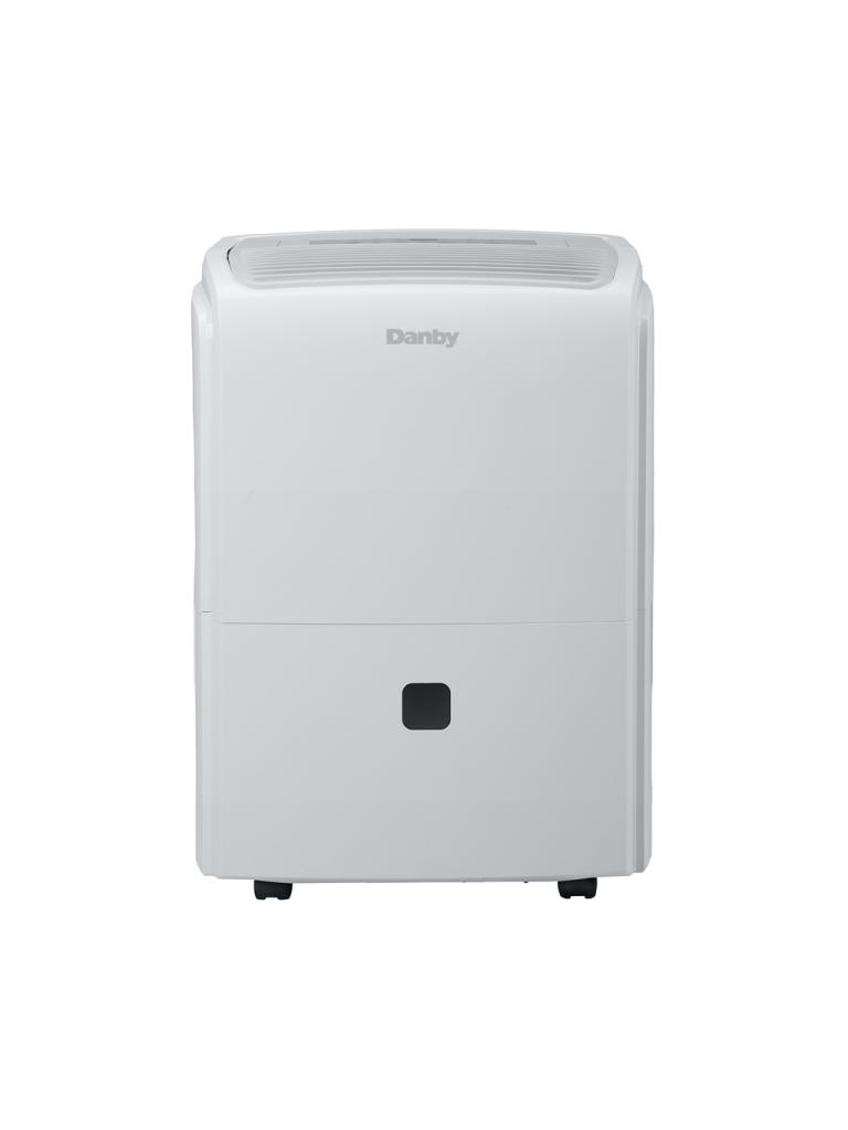 Front view of the white Danby DDR040EB2WDB cabinet, with an upper air outlet, dark water-level window and casters.