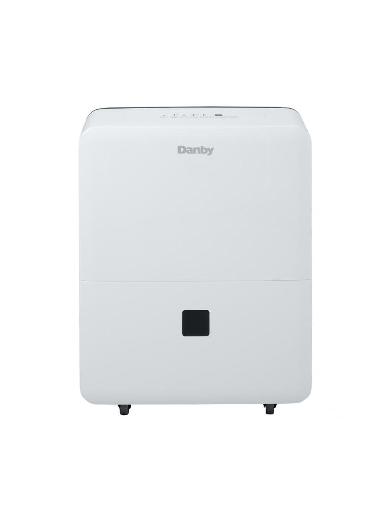 Front view of the white Danby DDR050BJ2WDB-ME cabinet with top controls, front water-level window and casters; the page does not identify photo versus render.