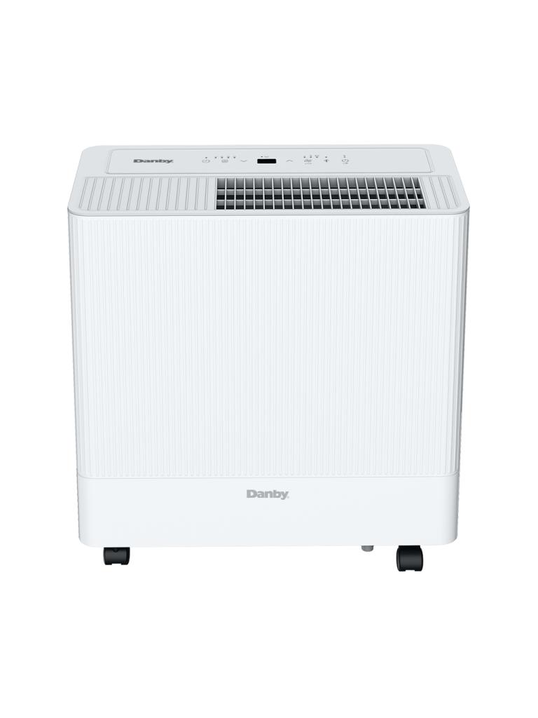 Front/top view of the white ribbed Danby DDR050BSPWDB cabinet with controls and top grille; no pump hardware is visible.