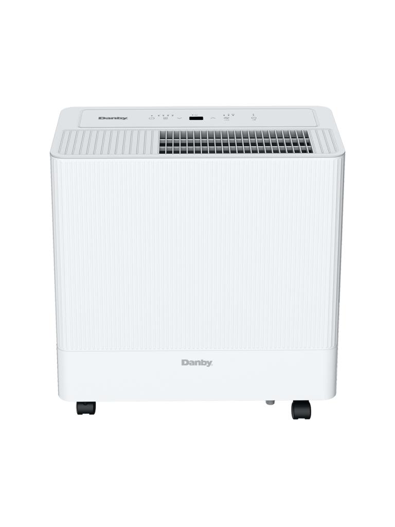 Front/top view of the white ribbed Danby DDR050BSWDB cabinet with controls and upper grille; no pump hardware is visible.