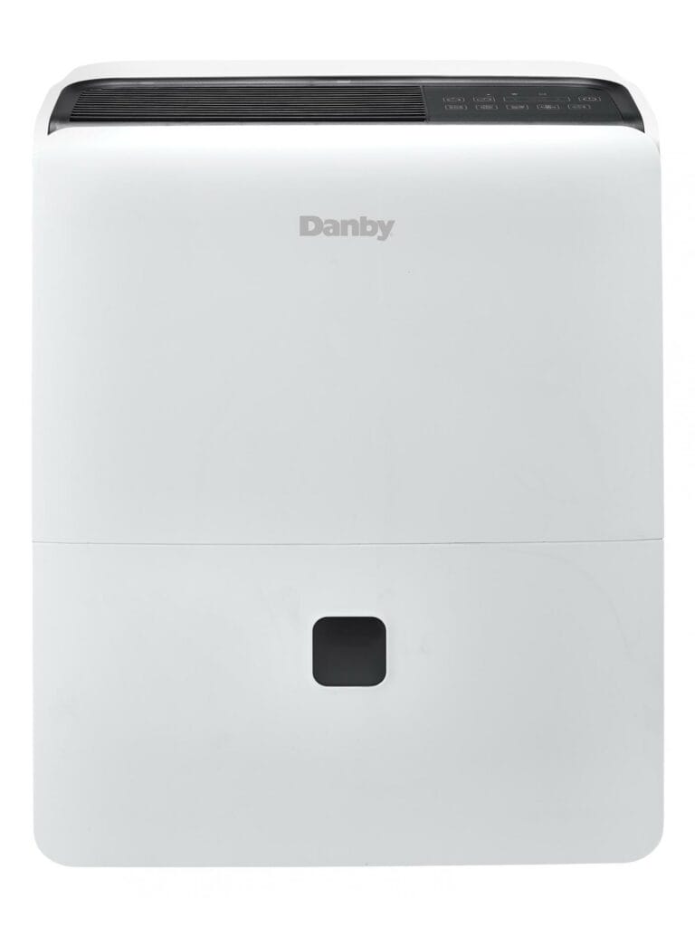 Front view of the white Danby DDR060BMP2WDB cabinet with upper black grille/control area, brand badge and front water-level window; photo/render status unknown.