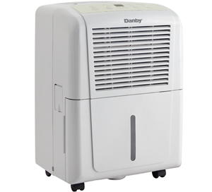Front view of Danby DDR3011, a white dehumidifier with upper air grille, water-level window and casters.