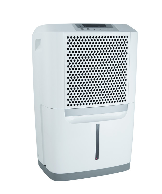 Front three-quarter view of a white Frigidaire FAD504DUD dehumidifier with a perforated upper grille, top controls and front bucket.