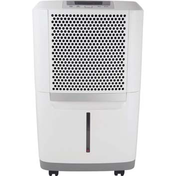 Front view of an older white Frigidaire 50-pint dehumidifier with a perforated upper grille and front bucket-level window.