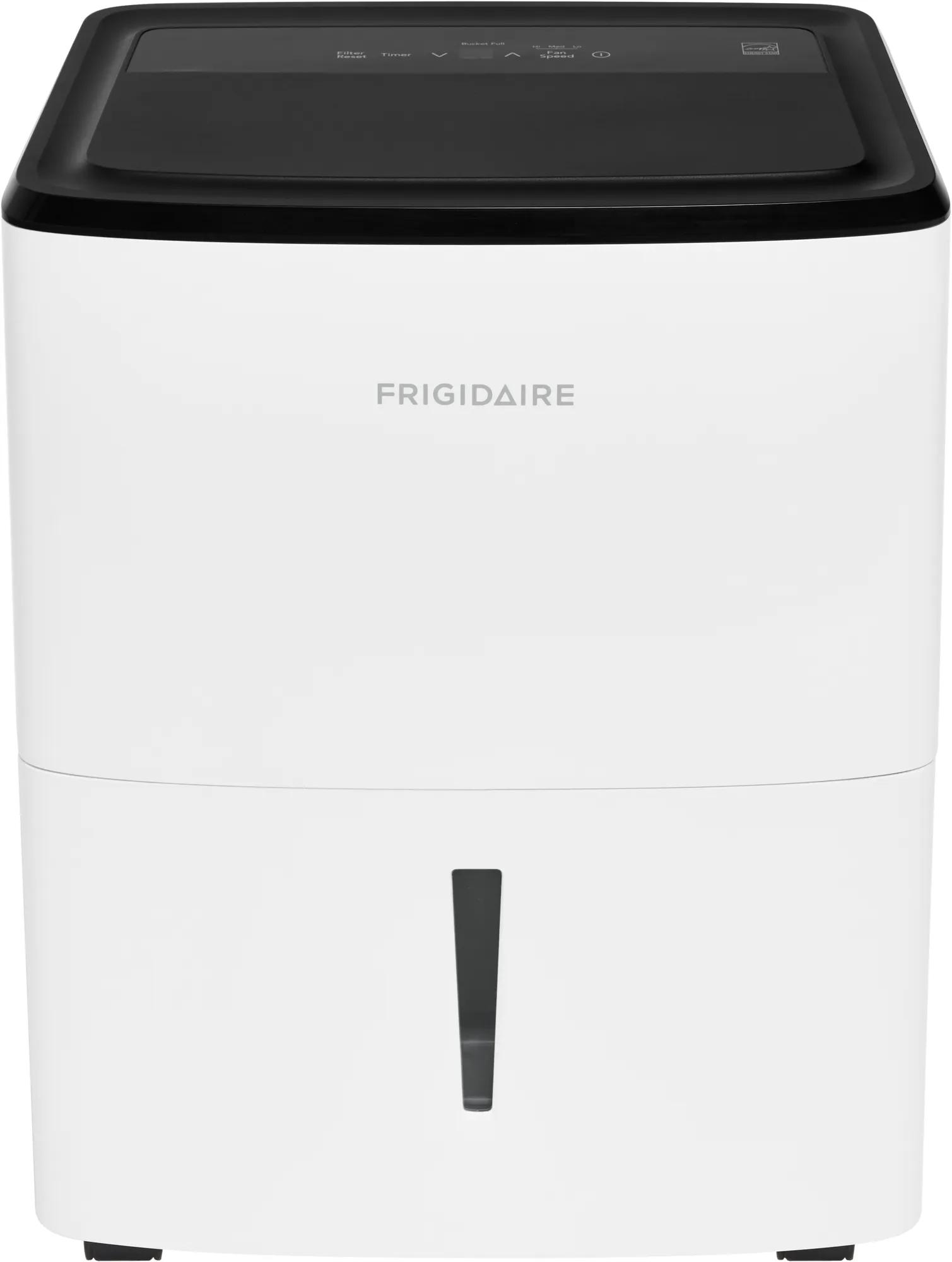 Front view of the white Frigidaire FFAD2233W1 dehumidifier with a dark top control panel and narrow front water-level window.
