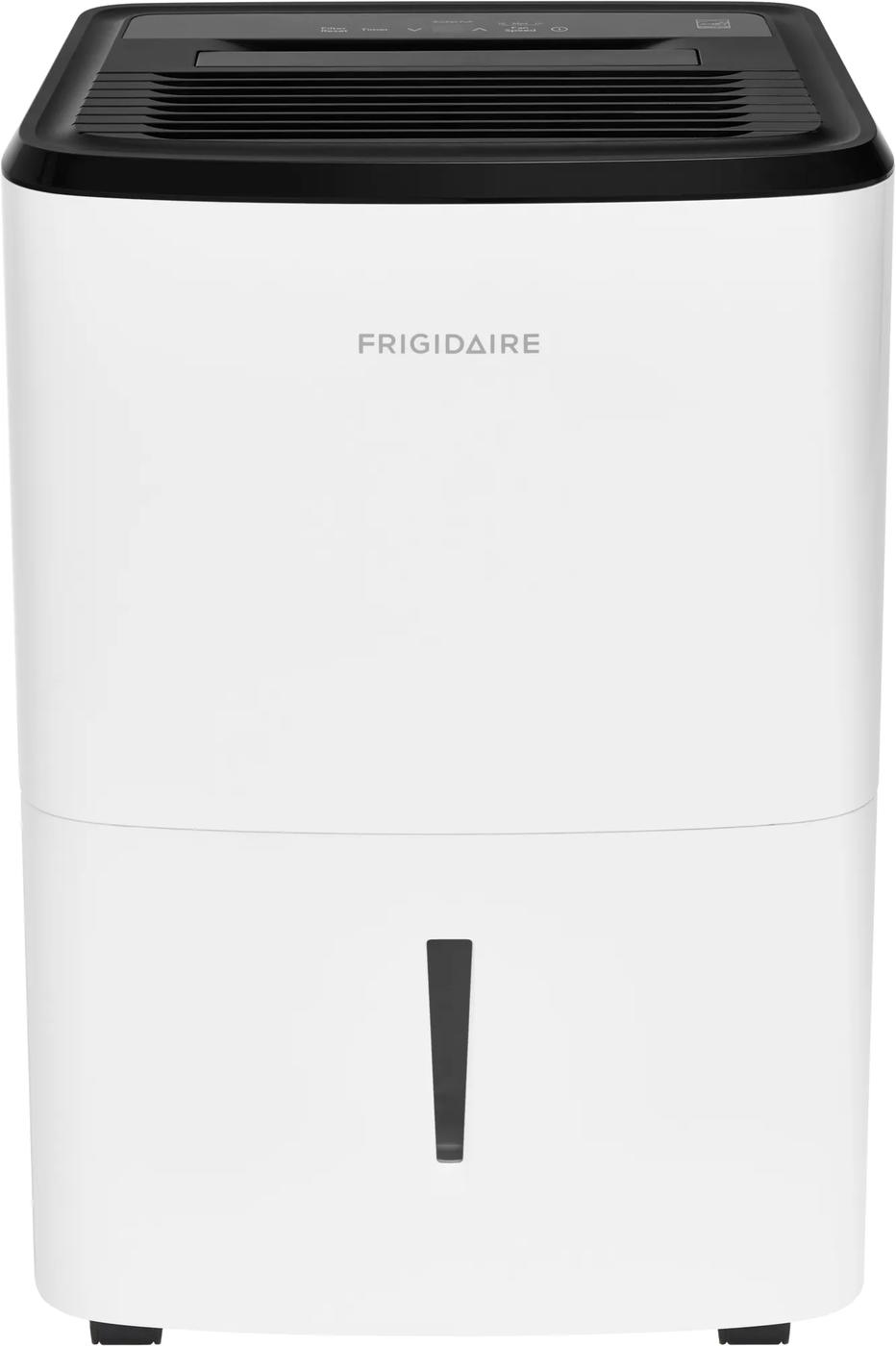Front view of the white Frigidaire FFAD3533W1 dehumidifier with a black top control panel and vertical front bucket window.