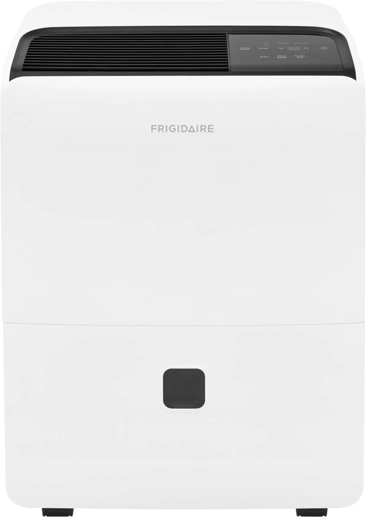 Front view of the white Frigidaire FFAD6023W1 dehumidifier, showing the dark top control panel and bucket seam.