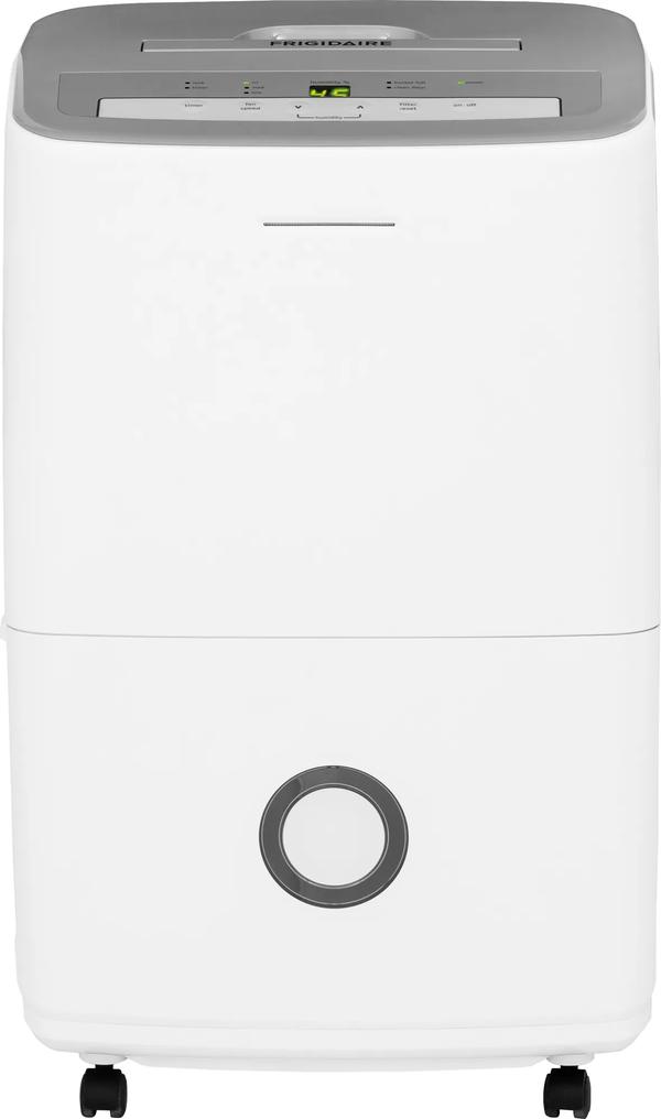 Front view of the white Frigidaire FFAD7033R1 70-pint dehumidifier with top controls and a circular bucket window.