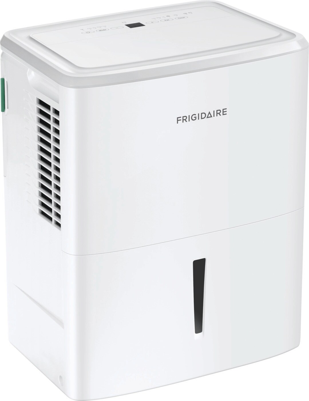 White Frigidaire FHDD2234W1 22-pint Wi-Fi dehumidifier, viewed from the front and side.