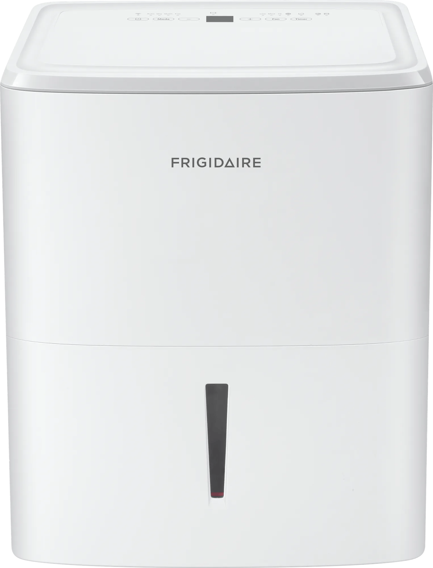 Front/top view of the white Frigidaire FHDD3534W1 35-pint dehumidifier, showing controls and the water-level window.
