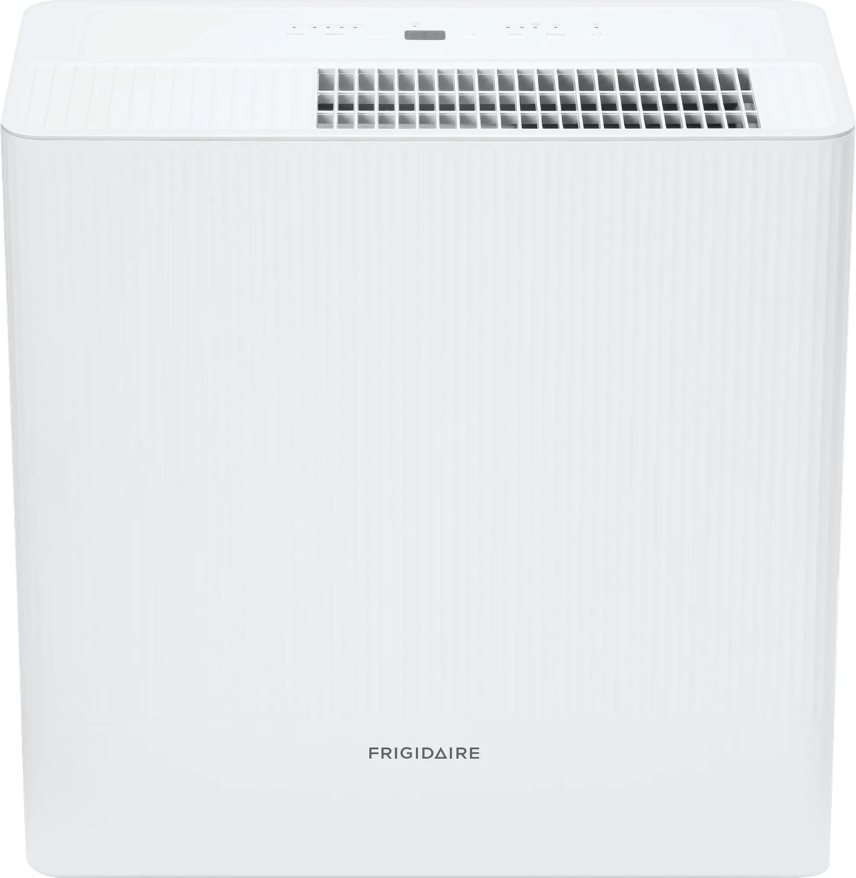 Front and top view of the white Frigidaire FHDP5033Y1 50-pint built-in-pump dehumidifier.